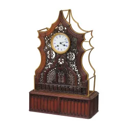 Neo-Gothic clock in cut wood and wooden base …